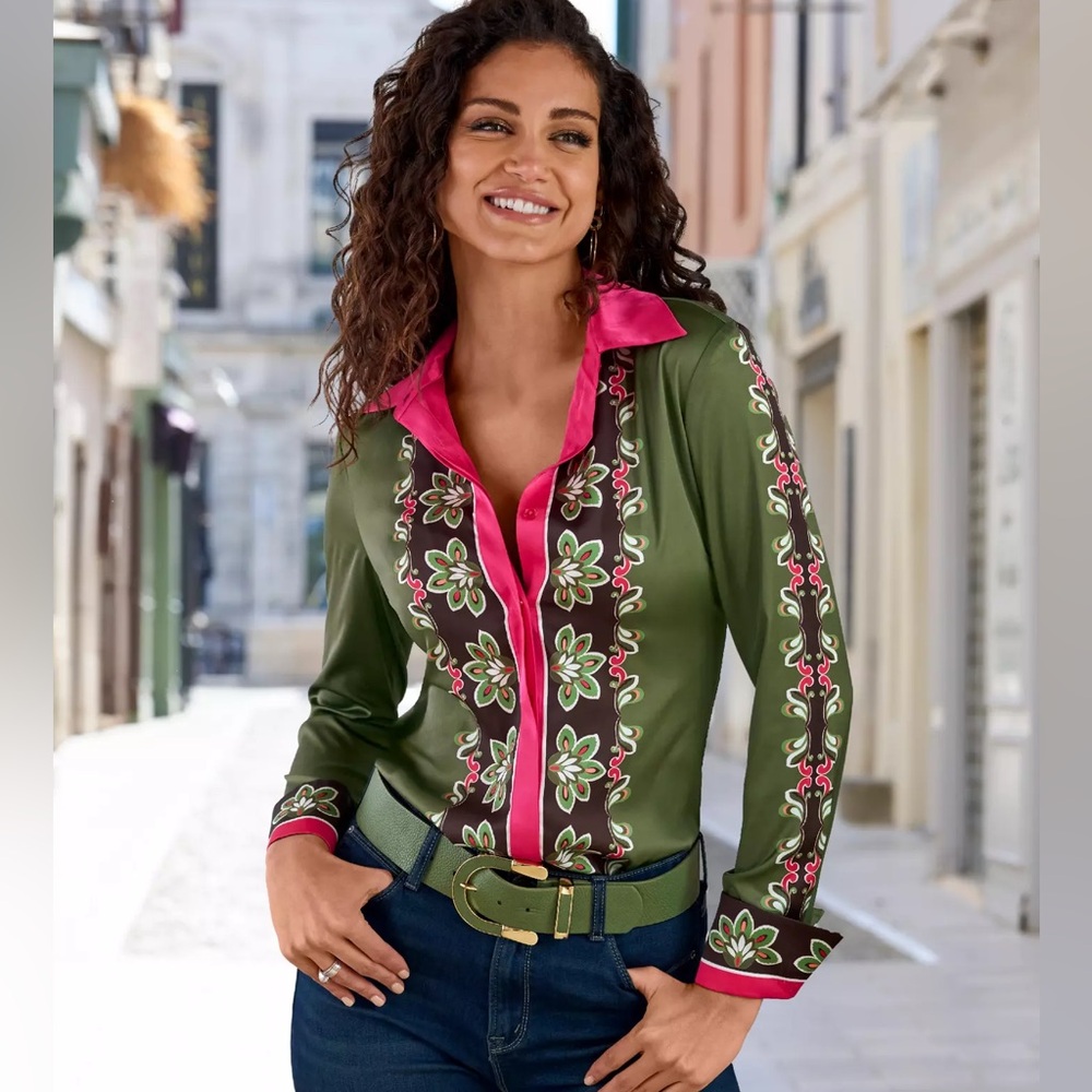 Boston Proper London Print Sophia Charmeuse Blouse Olive Green new size 4
